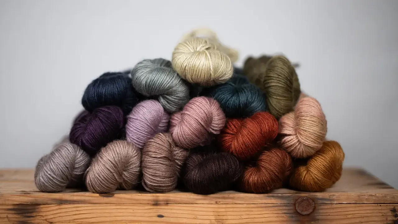 A pile of colorful yarn skeins in various earthy tones, resting on a wooden crate.