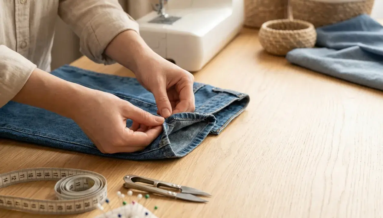 Händer syr i ett par jeans. Symaskin, måttband och korgar syns i bakgrunden. Perfekt för att sy byxor med resår.