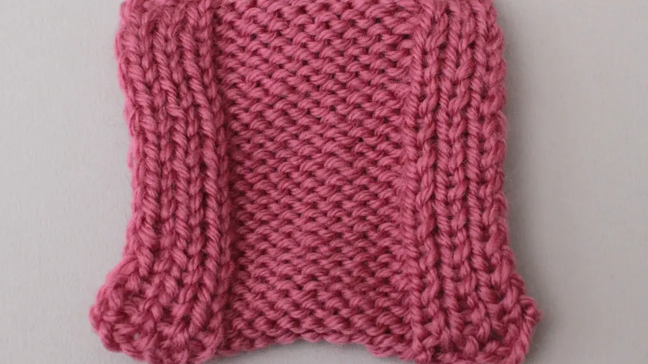 En stickad provlapp i rosa garn, med en vriden maska längs kanterna som ger en vågig effekt.