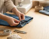 Händer syr i ett par jeans. Symaskin, måttband och korgar syns i bakgrunden. Perfekt för att sy byxor med resår.