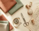 Syddesign med tyger i rost och grönt, trådrullar, nåldyna, måttband och mönster för en sy jacka.