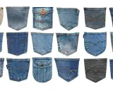 En samling av olika sorters fickor i denim och andra tyger, med varierande sömmar och detaljer.