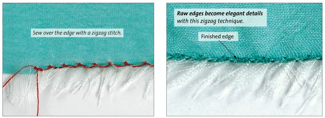 Tv&aring; bilder visar hur en r&aring; kant blir en fin kant med zigzag-stygn. Den v&auml;nstra visar en r&ouml;d tr&aring;d som sys &ouml;ver kanten, den h&ouml;gra visar den f&auml;rdiga kanten.